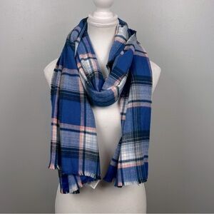 Gap blue & pink plaid acrylic flannel fringed blanket scarf, 25” x 73”.